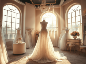Wedding dress boutique interior with a bridal gown on a mannequin and dresses displayed in the background.