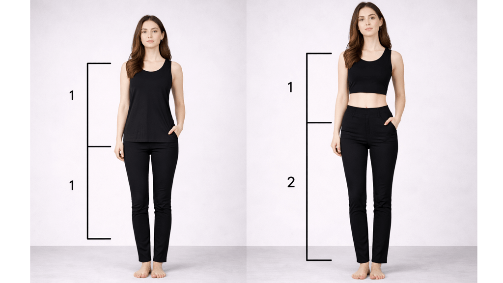 Two outfits compared using the golden ratio, showing a 50/50 top and bottom split versus a one-third to two-thirds split to illustrate how a petite woman can look taller.