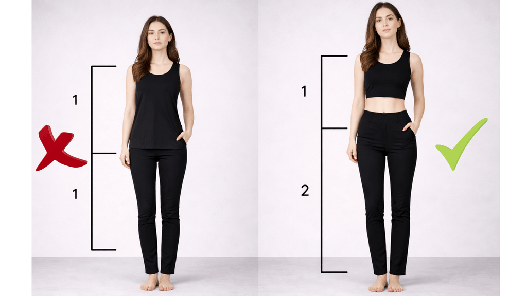 Two outfits compared using the golden ratio, with a red X on the 50/50 split and a green check mark on the one-third to two-thirds split explaining the right way to dress as a petite woman and look taller.