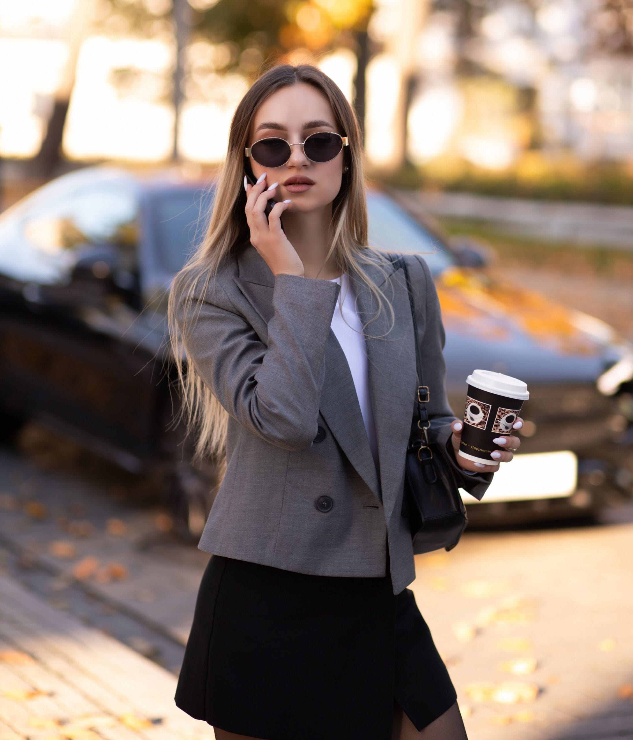 Stylish petite woman wearing a tailored blazer, mini skirt, and sunglasses, showcasing chic petite fashion inspiration.