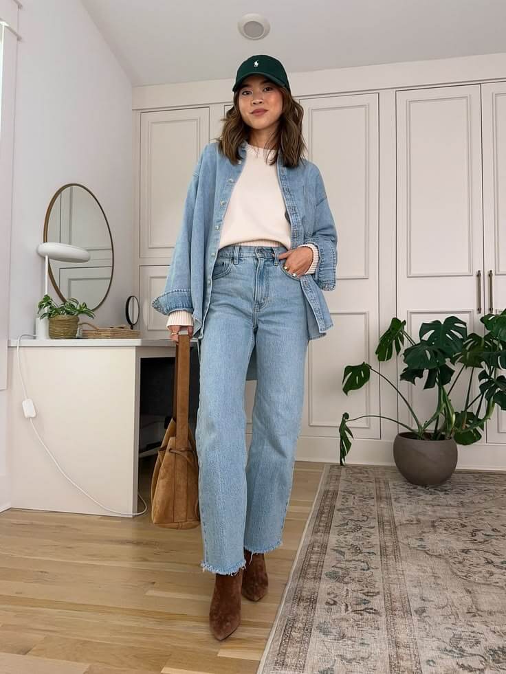 Woman wearing a blue denim shacket with a cream sweater, light-wash jeans, and brown ankle boots for a blue denim shacket outfit idea.