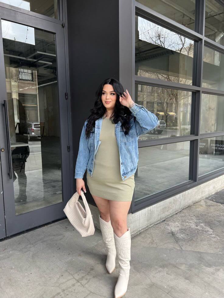 Woman wearing a blue denim jacket over an olive-green dress with white cowboy boots for denim shacket outfit ideas.