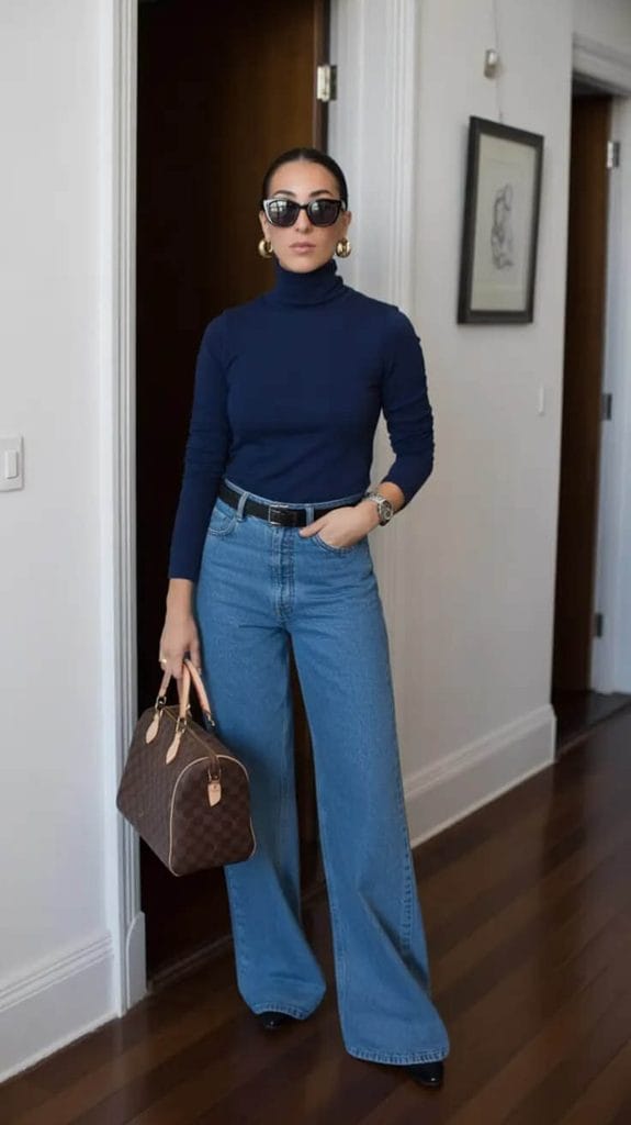 Woman wearing a navy turtleneck with high-waisted flare jeans, a leather belt, and black shoes as a sweater and jeans outfit ideas.