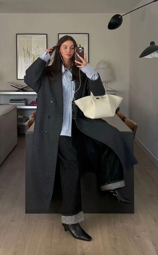 How to style a trench coat for a business casual look with a button-down shirt and wide-leg trousers.