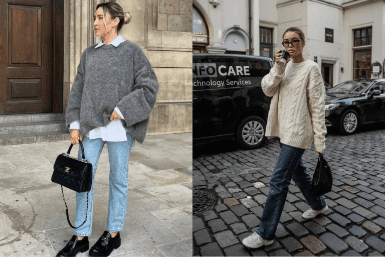 Sweater and jeans outfit ideas showing how to style knit sweaters, cardigans, and sweatshirts with jeans.