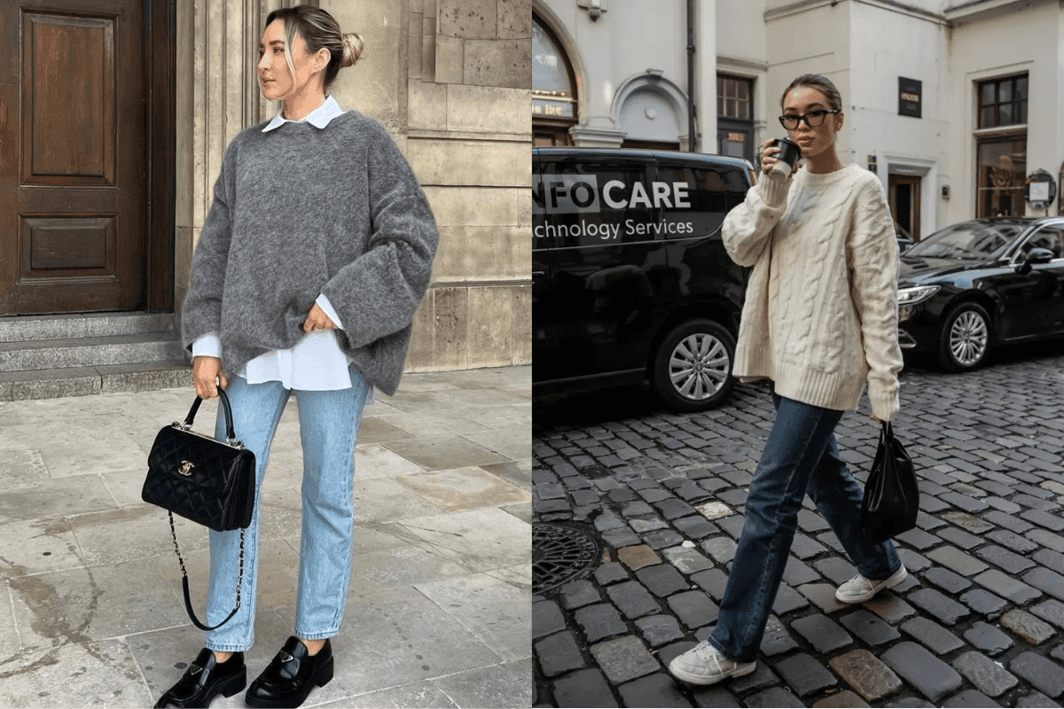 Sweater and jeans outfit ideas showing how to style knit sweaters, cardigans, and sweatshirts with jeans.