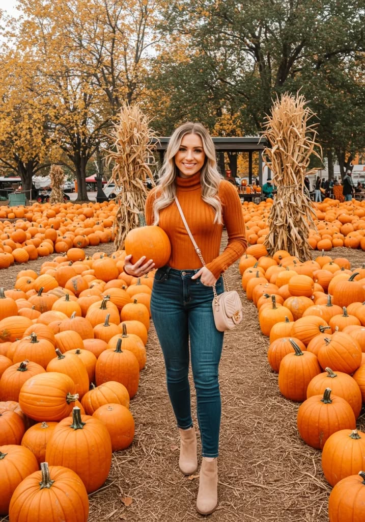 A woman wearing a rust-colored turtleneck, dark-wash skinny jeans, and beige ankle boots while holding a pumpkin at a pumpkin patch, showing a classic casual pumpkin patch outfit for women.