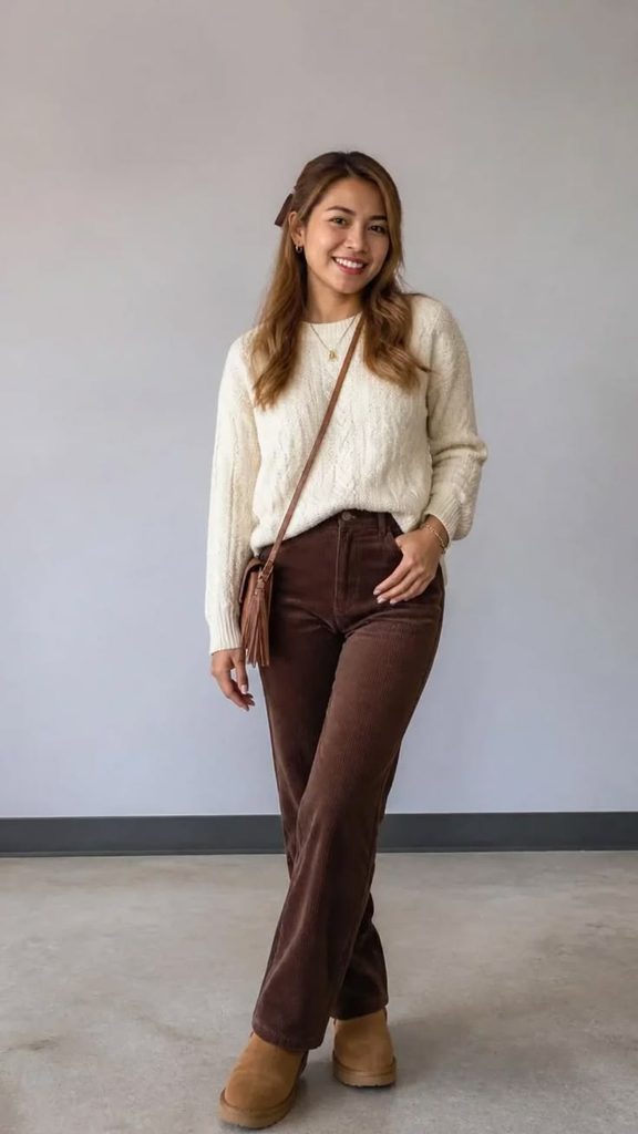 Woman wearing a cream cable-knit sweater, brown corduroy pants, and tan ankle boots, showcasing a corduroy pants and sweater outfit for Thanksgiving dinner.