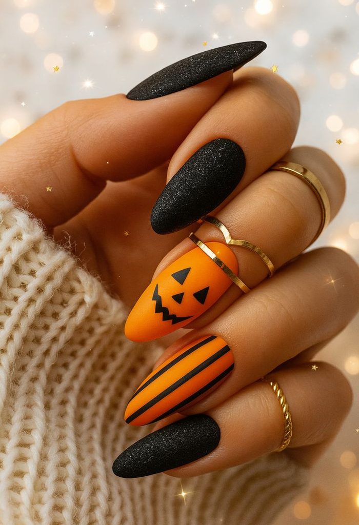 Matte black glitter nails paired with orange pumpkin face and black striped nail art, creating a bold Halloween nail art design and a spooky fall nail idea.