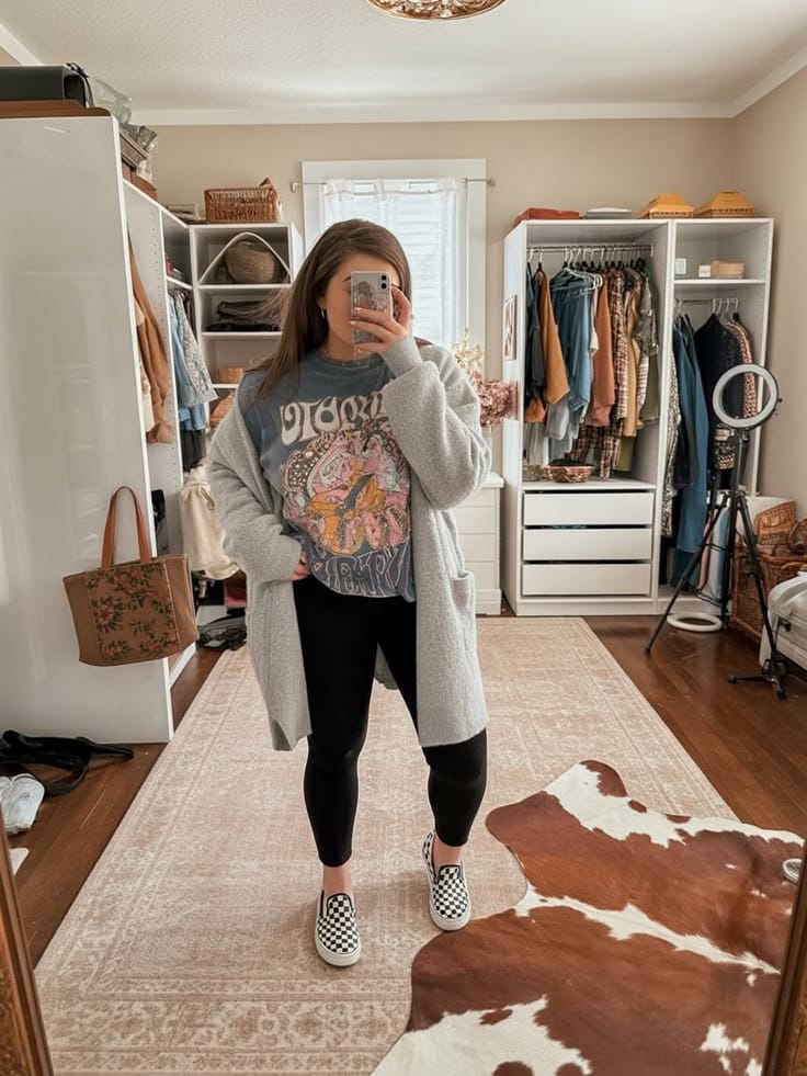 Woman wearing a Halloween graphic T-shirt with black leggings, an oversized gray cardigan, and black-and-white checkered sneakers, showing how to style a Halloween T-shirt with leggings and a cardigan for a cozy look.