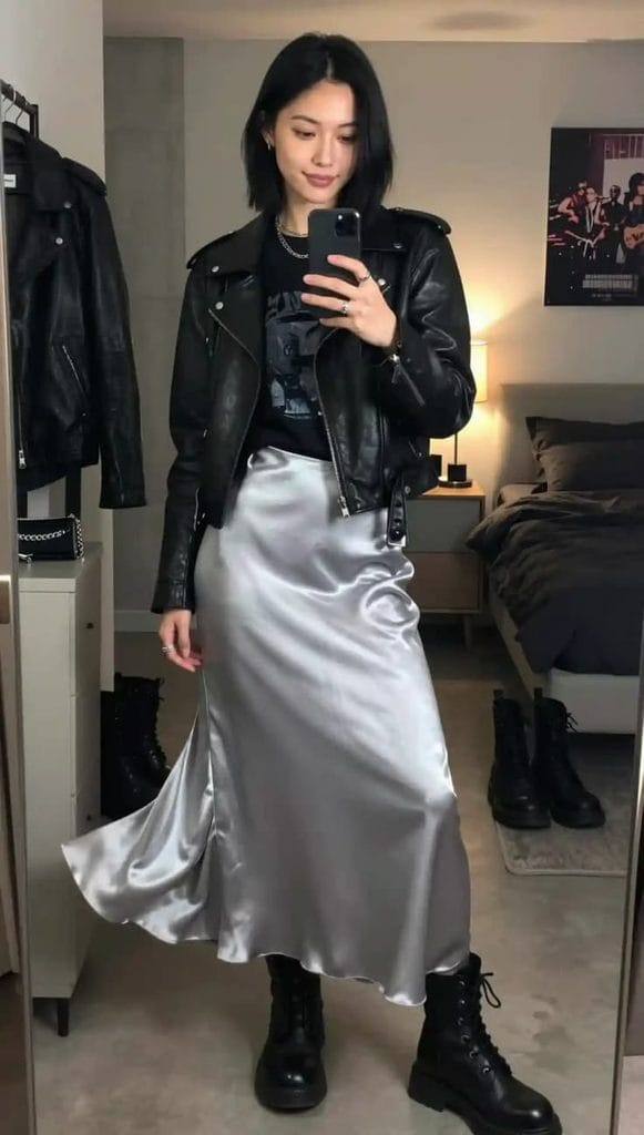 Woman wearing a black Halloween T-shirt tucked into a silver satin midi skirt with a black leather jacket and combat boots, showing how to style a Halloween T-shirt with a satin skirt and leather jacket.