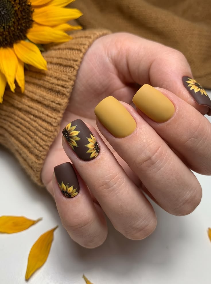 A hand with matte sunflower chocolate brown nails for fall, featuring dark brown matte polish with yellow sunflower designs on accent nails and solid mustard-yellow nails, paired with a brown knit sweater and scattered yellow autumn petals.