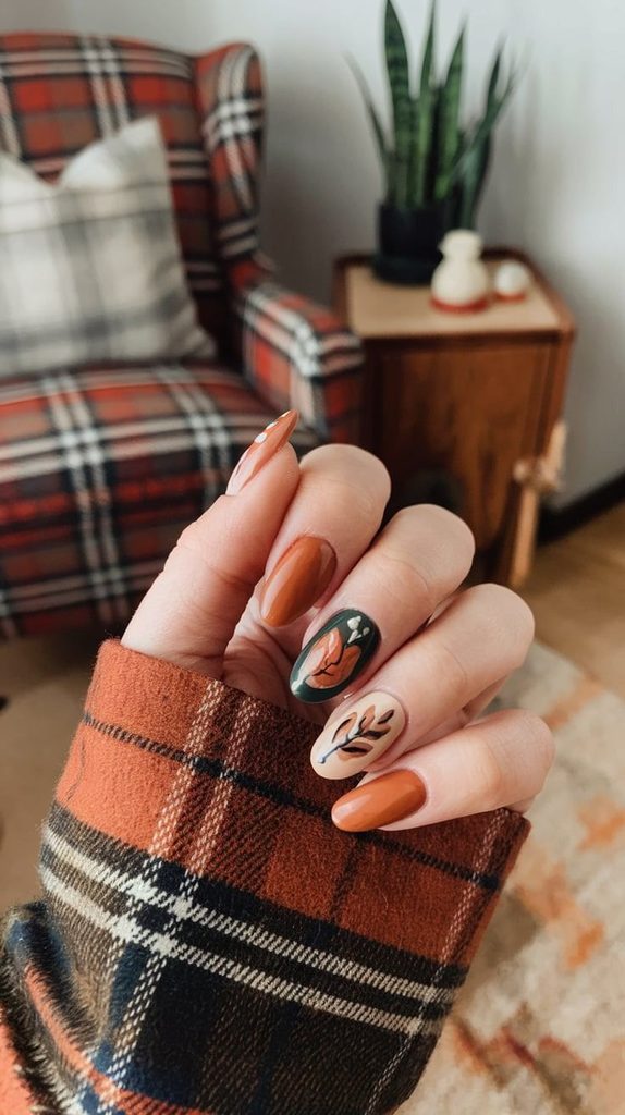 Minimalist harvest nails for Thanksgiving featuring burnt orange nails, a dark green accent nail with a pumpkin design, and a cream nail with delicate autumn leaf art, making these a festive fall nail idea.