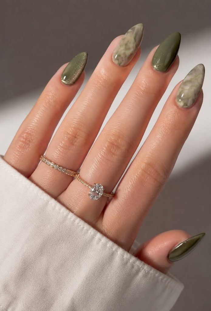 Long almond-shaped nails with glossy olive-green polish alternating with pale green marble nail art, featuring cloudy patterns and subtle shimmer, paired with delicate gold rings. These olive green marble nails are a stylish choice for fall nail ideas.