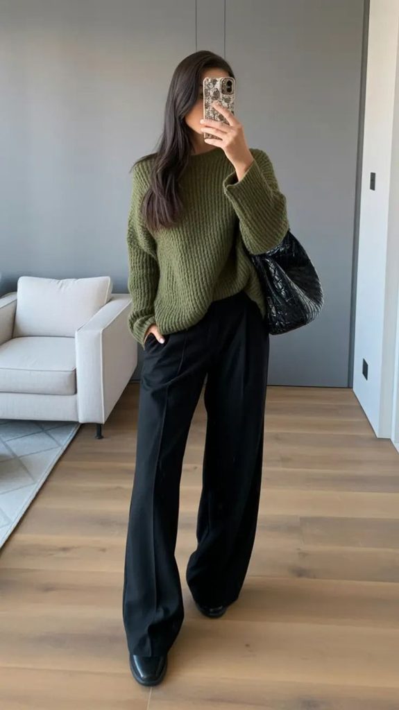 Woman wearing an olive-green knit sweater with black wide-leg pants and black shoes, showing a sweater and pants outfit for Thanksgiving dinner.