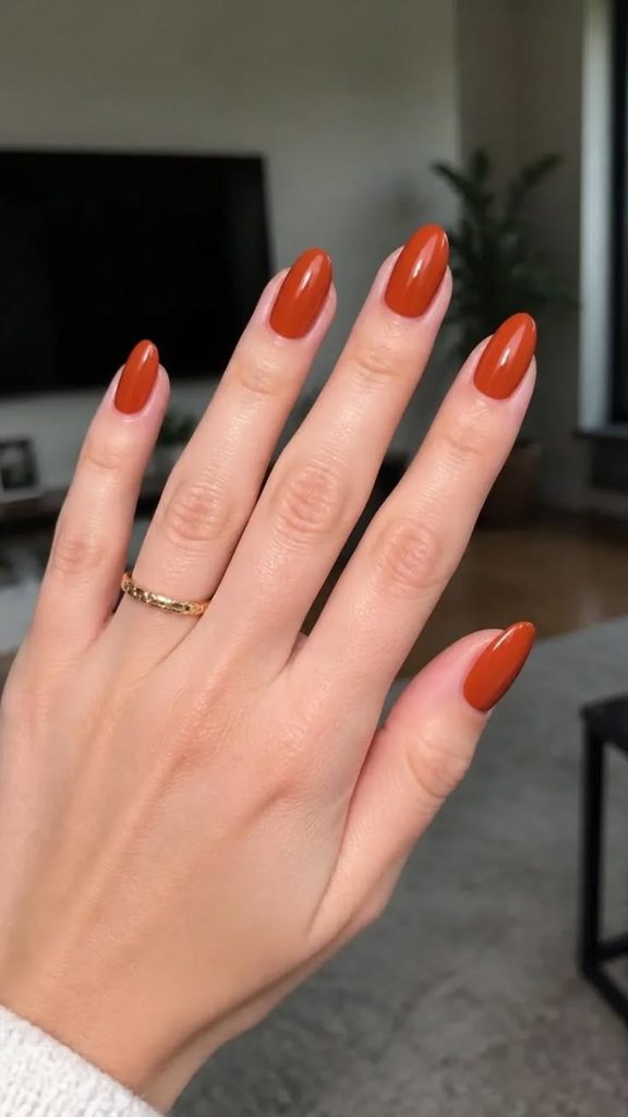 Close-up of a hand with long almond-shaped nails painted glossy burnt terracotta orange with reddish-brown undertones and a thin gold ring, showcasing terracotta nails for fall and fall nail ideas.